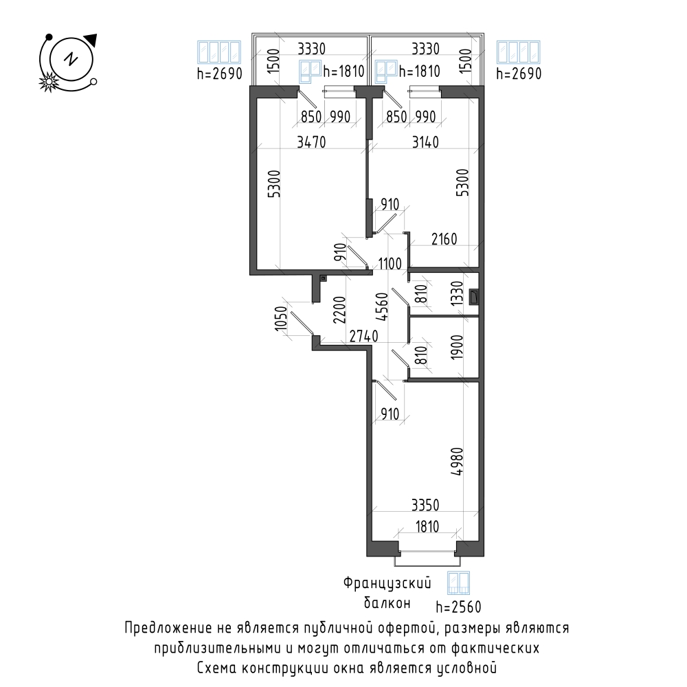 планировка двухкомнатной квартиры в Квартал Che №50