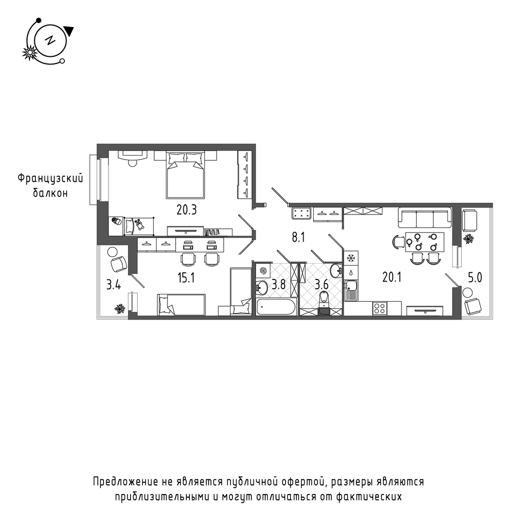планировка двухкомнатной квартиры в Квартал Che №1