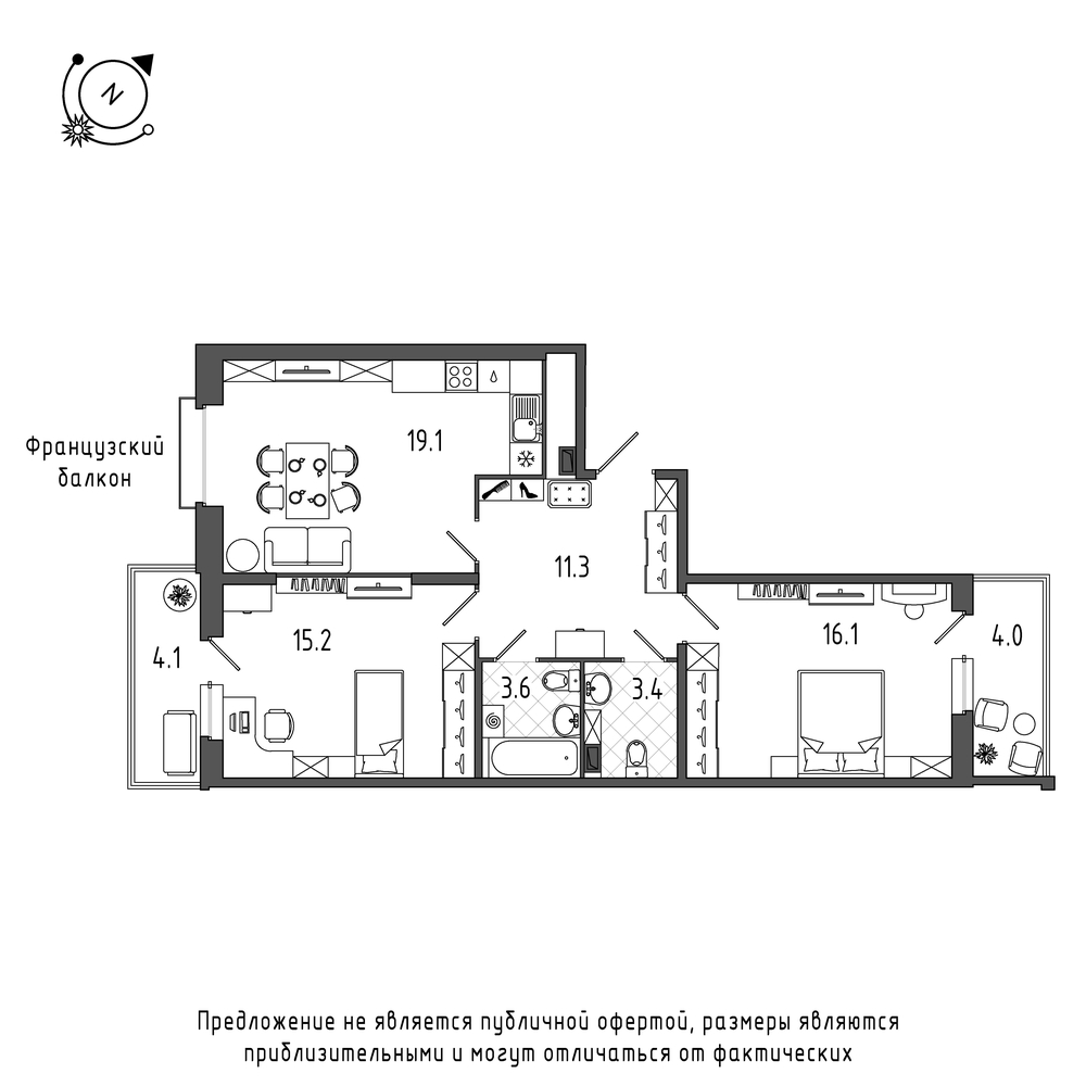 планировка двухкомнатной квартиры в Квартал Che №251