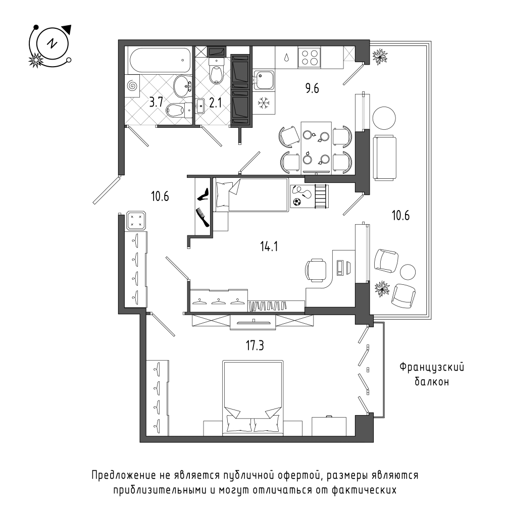 планировка двухкомнатной квартиры в Квартал Che №385