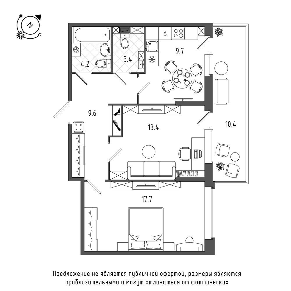 планировка двухкомнатной квартиры в Квартал Che №451