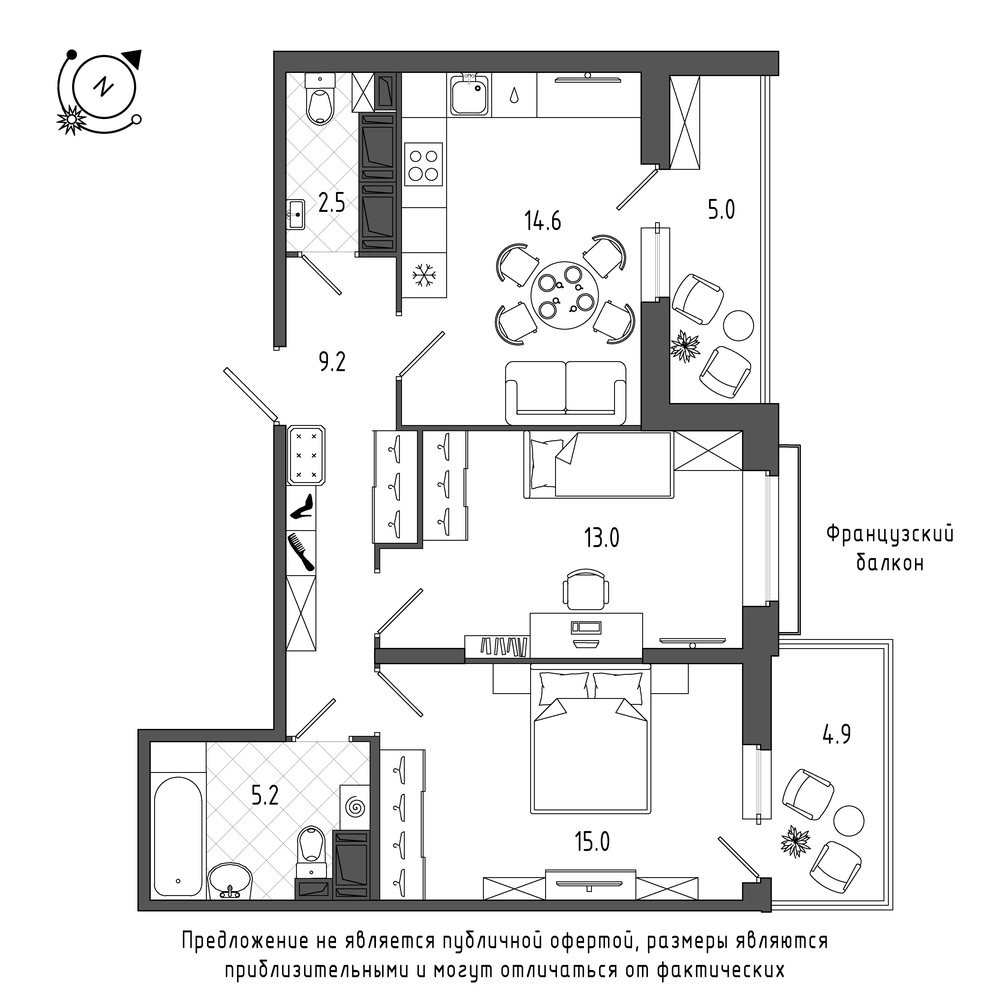 планировка двухкомнатной квартиры в Квартал Che №469