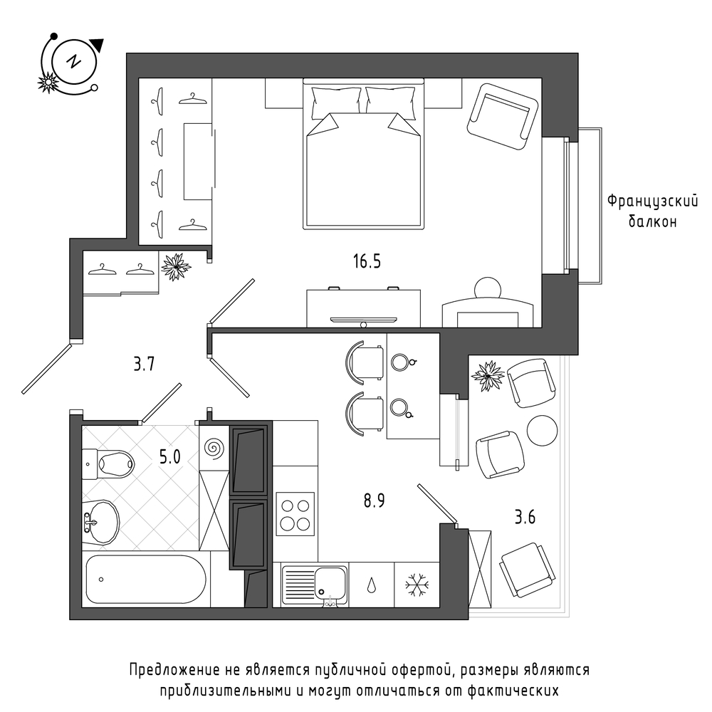 планировка однокомнатной квартиры в Квартал Che №535