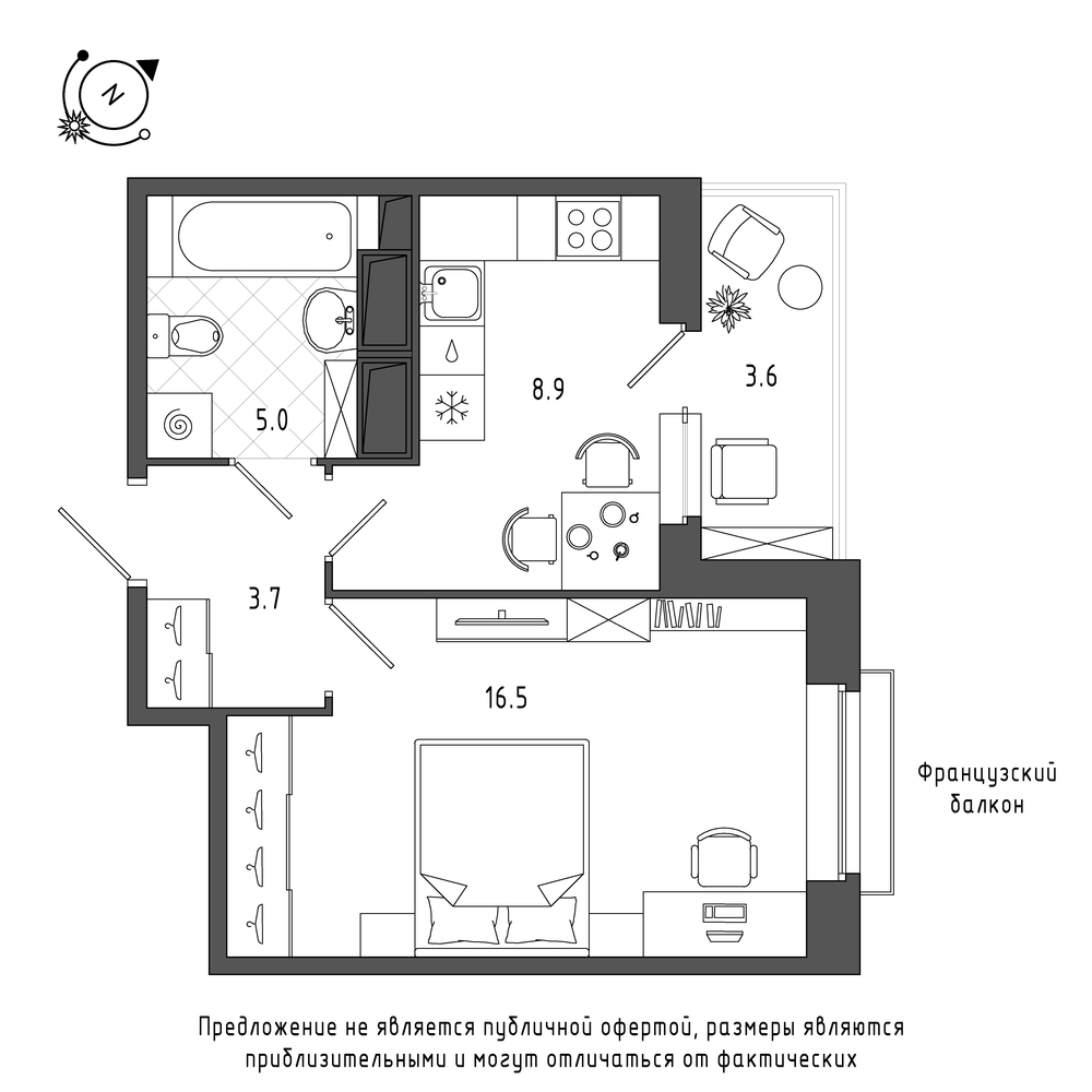 планировка однокомнатной квартиры в Квартал Che №537