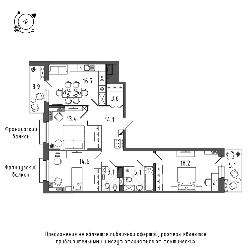 планировка трехкомнатной квартиры в Квартал Che №528