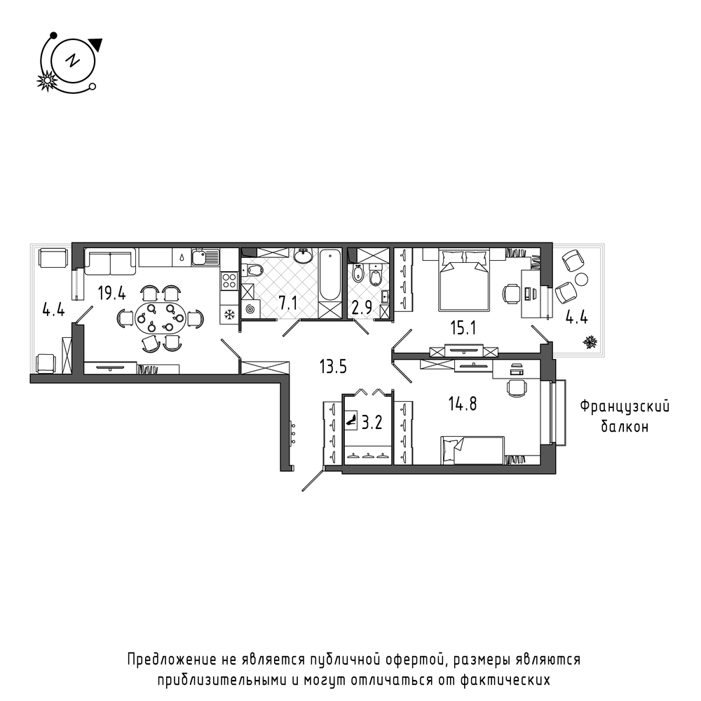 планировка двухкомнатной квартиры в Квартал Che №579
