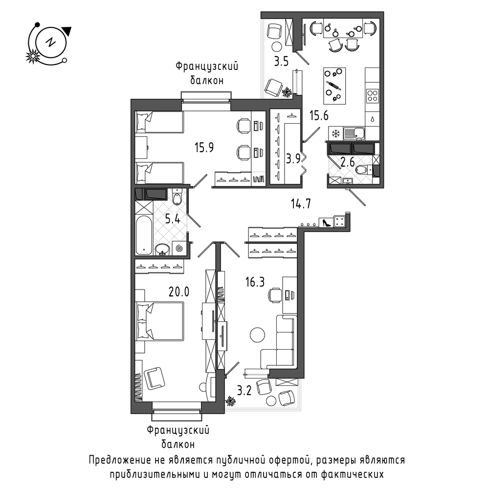 планировка трехкомнатной квартиры в Квартал Che №598