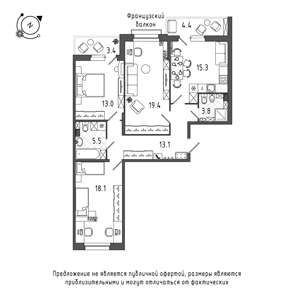 планировка трехкомнатной квартиры в Квартал Che №637