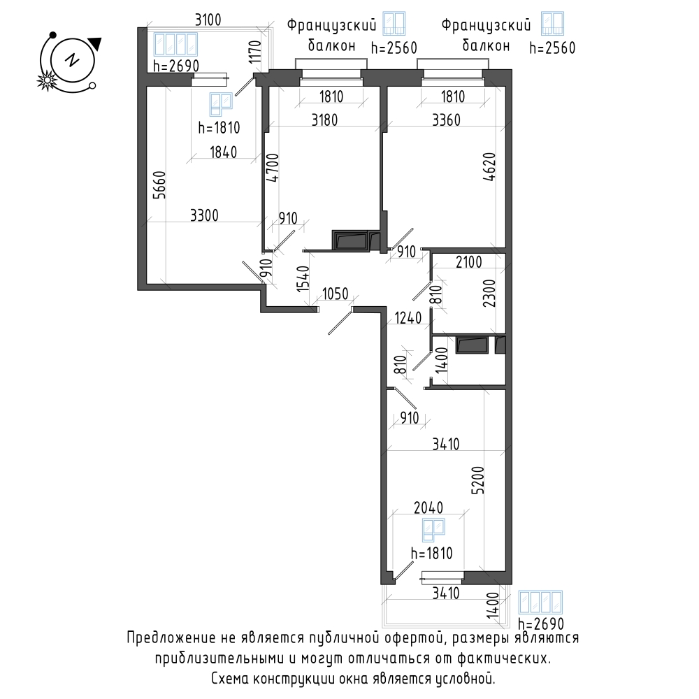 планировка трехкомнатной квартиры в Квартал Che №638
