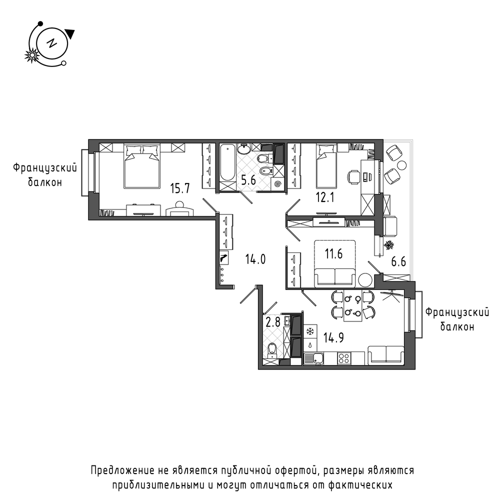планировка трехкомнатной квартиры в Квартал Che №740