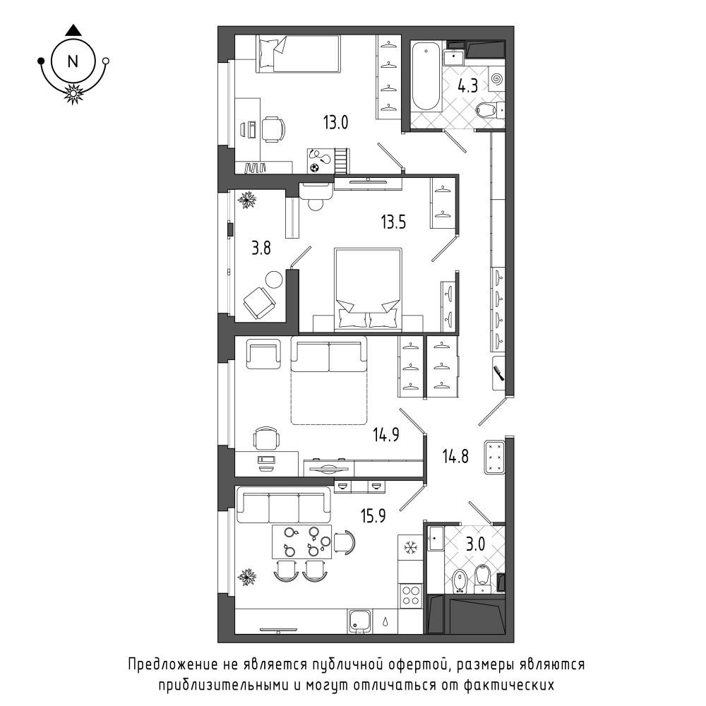 планировка трехкомнатной квартиры в ЖК Галактика Pro №102
