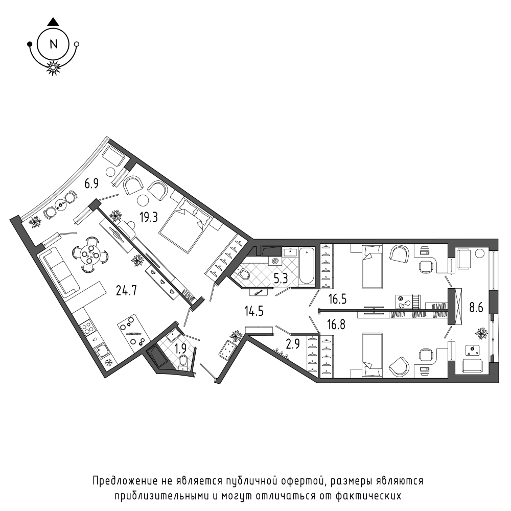 планировка трехкомнатной квартиры в ЖК Галактика Pro №249