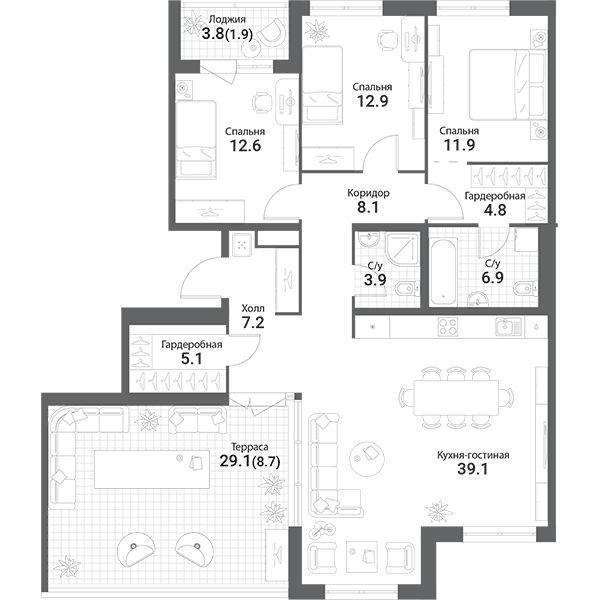 планировка пятикомнатной квартиры в Nagatino i-Land №350