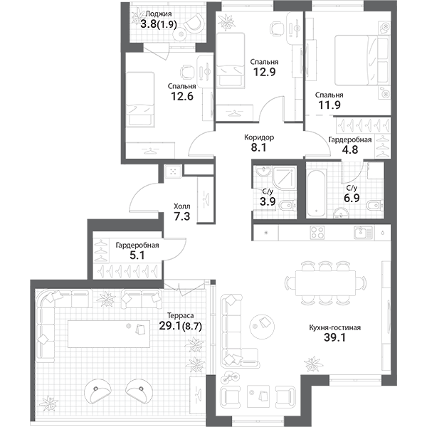 планировка пятикомнатной квартиры в Nagatino i-Land №364