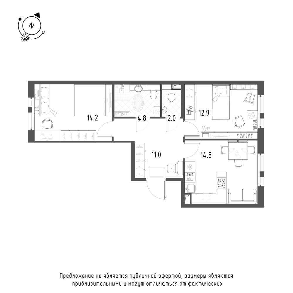 планировка двухкомнатной квартиры в ЖК «Монография» №422