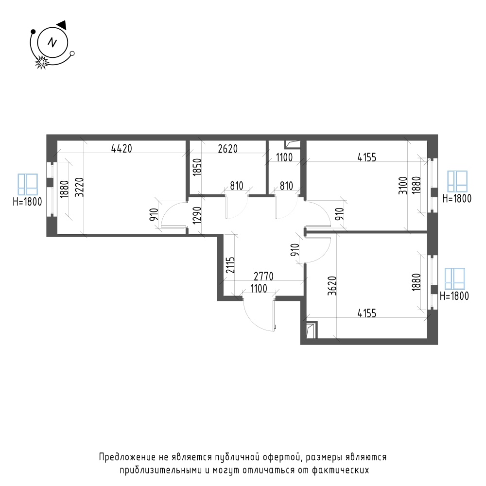 планировка двухкомнатной квартиры в ЖК «Монография» №422