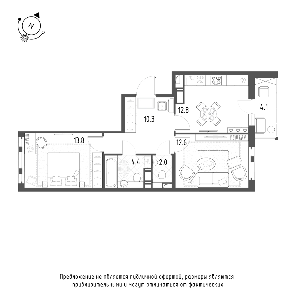 планировка двухкомнатной квартиры в ЖК «Монография» №423