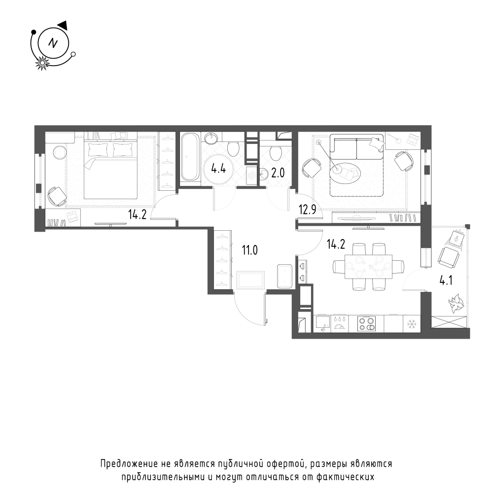 планировка двухкомнатной квартиры в ЖК «Монография» №437