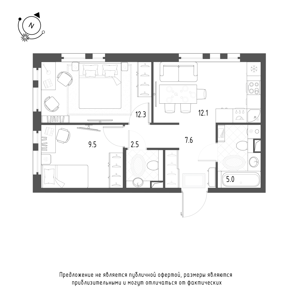 планировка двухкомнатной квартиры в ЖК «Монография» №257
