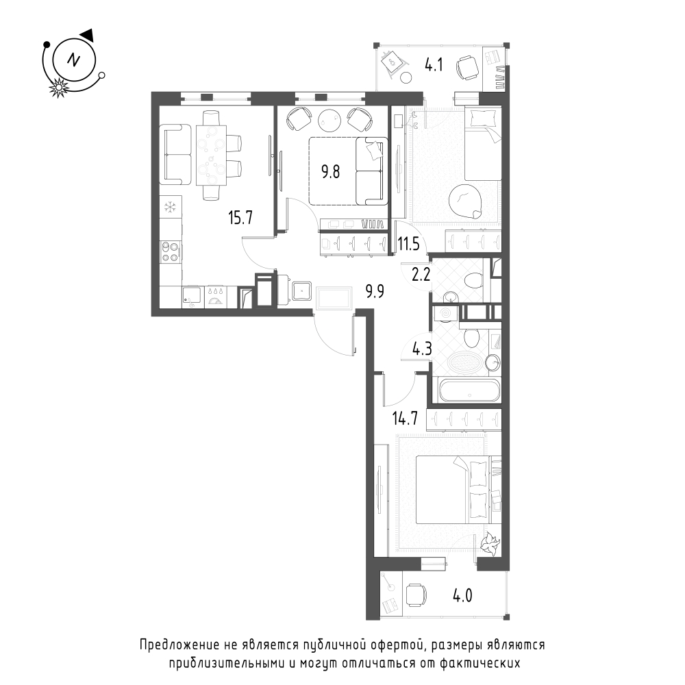 планировка трехкомнатной квартиры в ЖК «Монография» №293