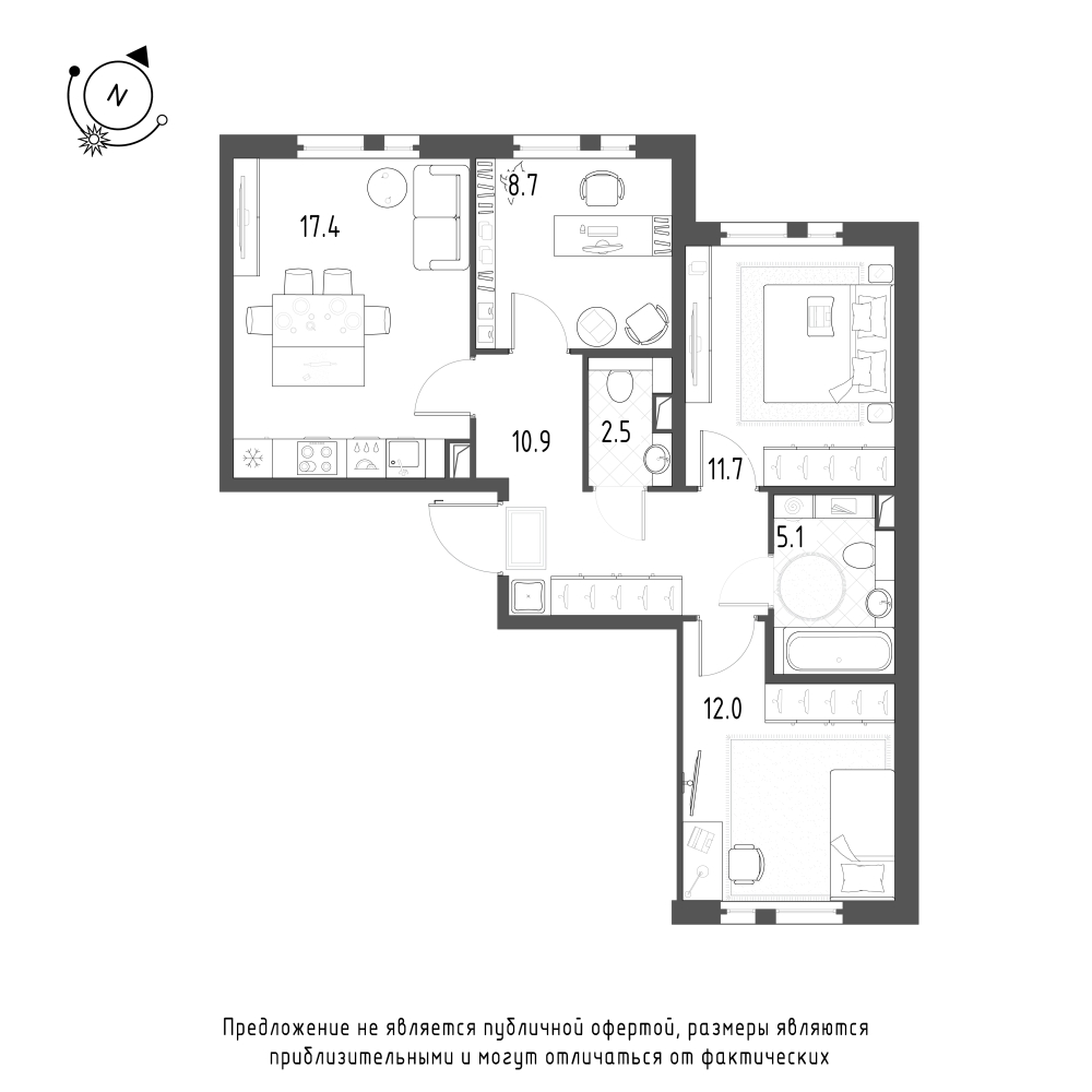планировка трехкомнатной квартиры в ЖК «Монография» №704
