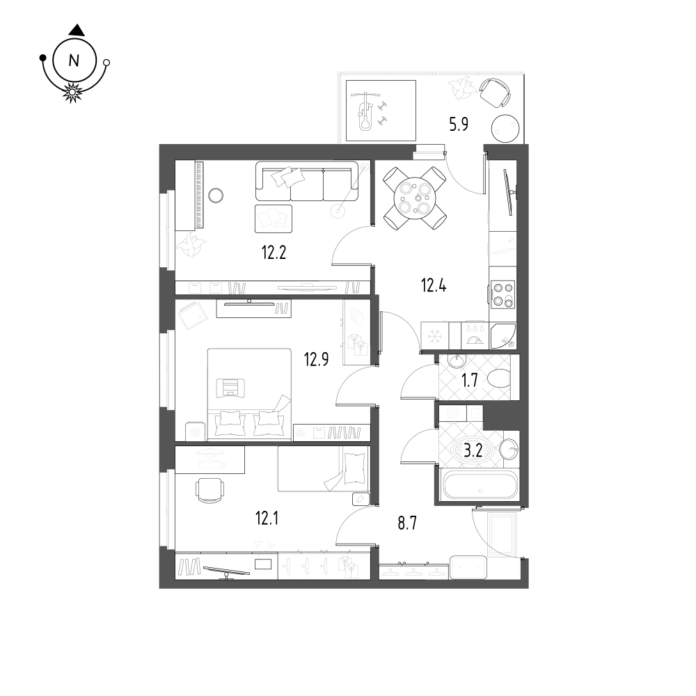 планировка трехкомнатной квартиры в ЖК «Новоорловский» №34