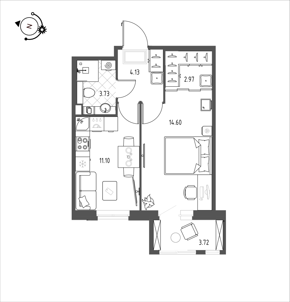планировка однокомнатной квартиры в ЖК iLona №15