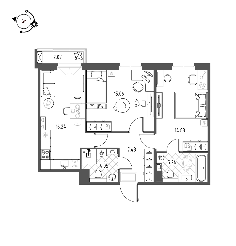 планировка двухкомнатной квартиры в ЖК iLona №20