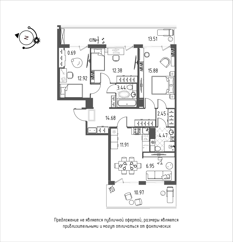 планировка трехкомнатной квартиры в ЖК iLona №62