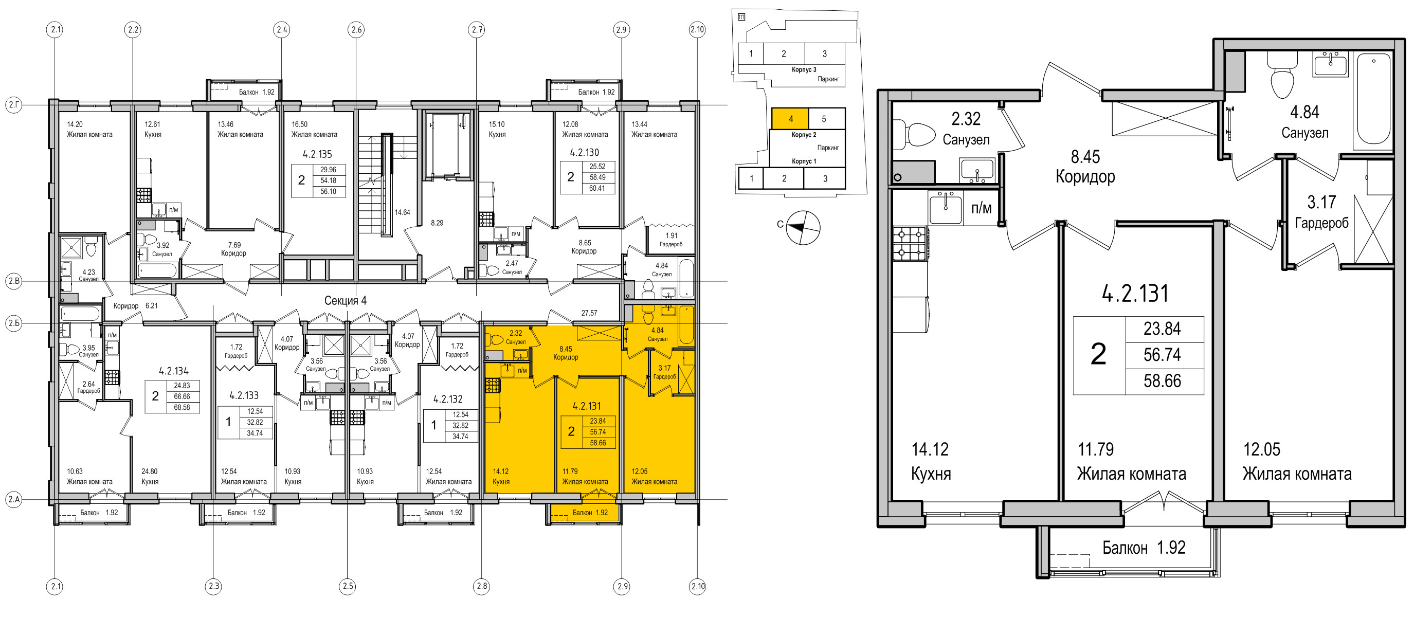 планировка двухкомнатной квартиры в ЖК iLona №131