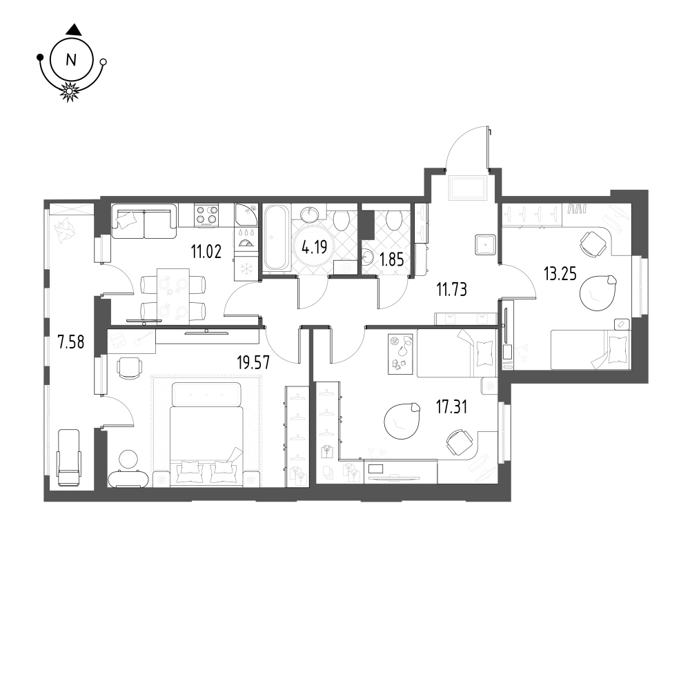 планировка трехкомнатной квартиры в ЖК Wellamo №29